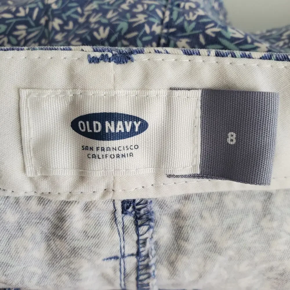 Women Blue Gray Ditsy Floral Chino Short 8 Preppy Classic Cottage Picnic Casual - Picture 5 of 11